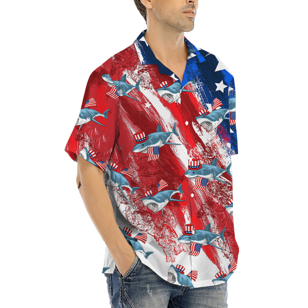 American Patriotic Shark Red And Blue Hawaiian Shirt