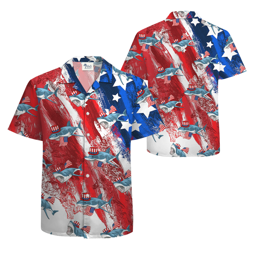 American Patriotic Shark Red And Blue Hawaiian Shirt