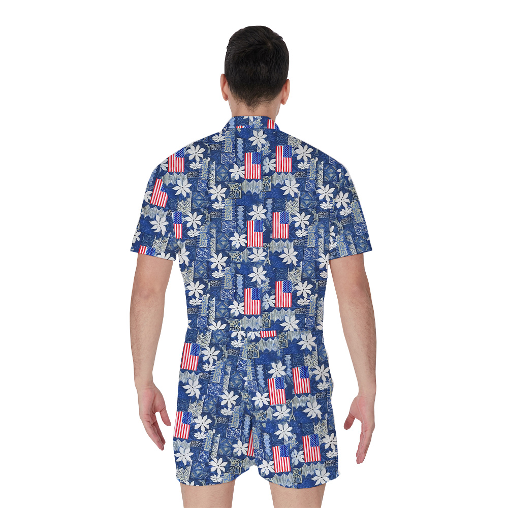 Vintage Floral American Flag Blue Hawaiian Romper