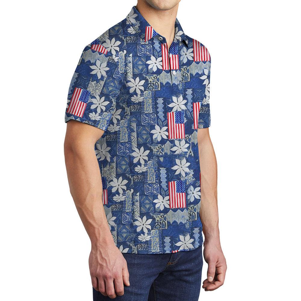 American Flag Vintage Blue Men's Polo Aloha Shirt