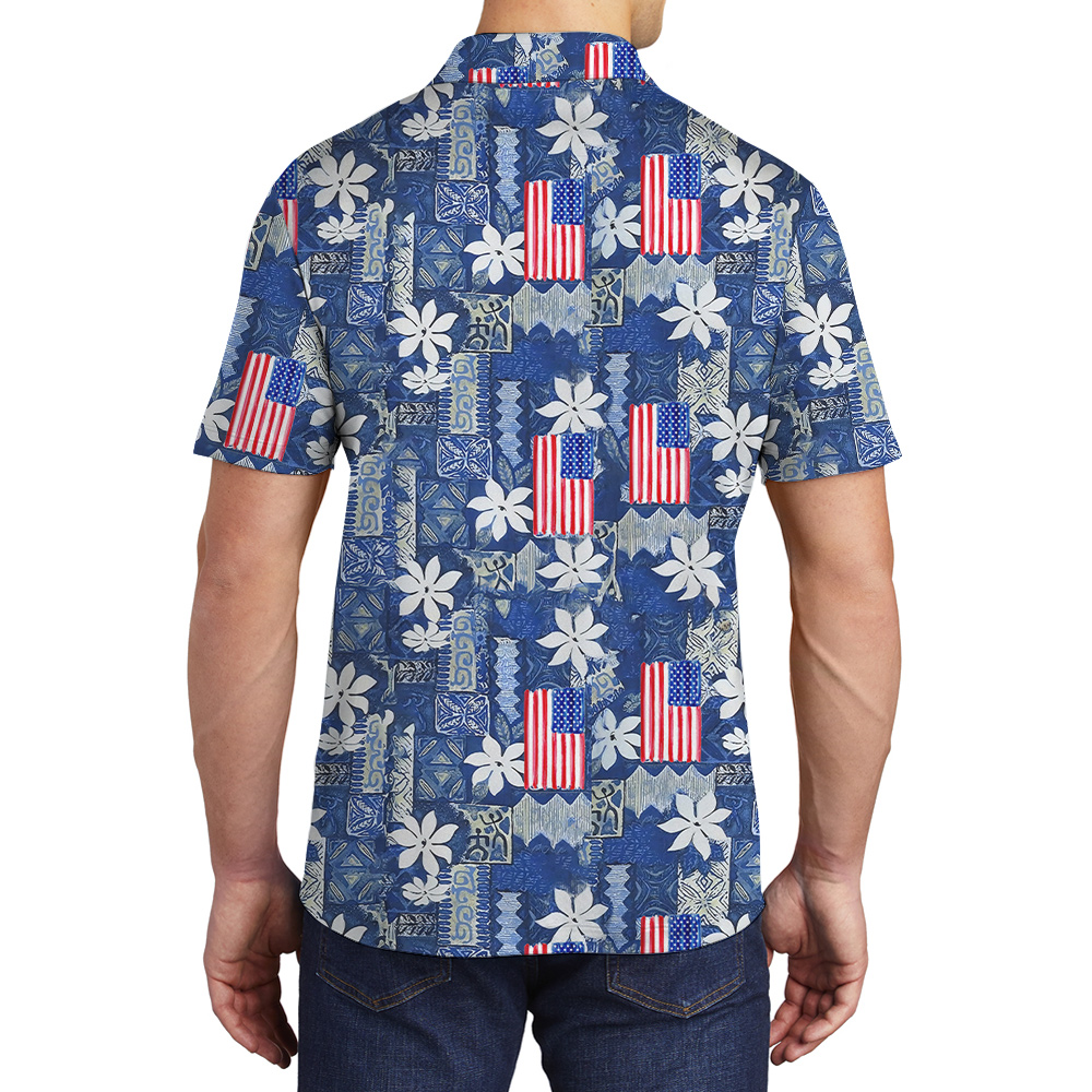 American Flag Vintage Blue Men's Polo Aloha Shirt