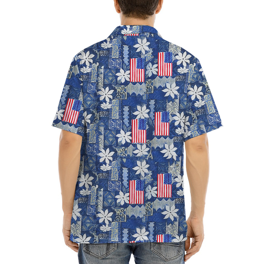Vintage Blue Hawaiian Shirt With American Flag