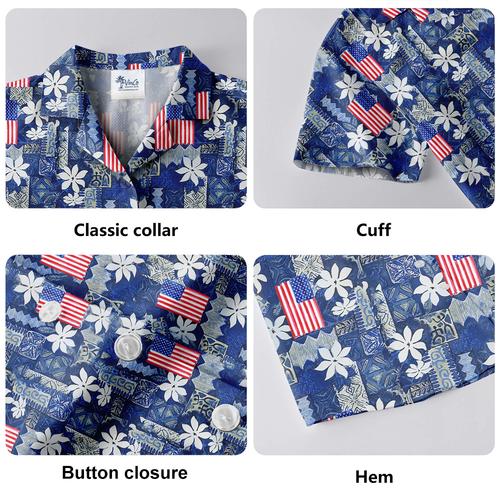 Vintage Blue Hawaiian Shirt With American Flag