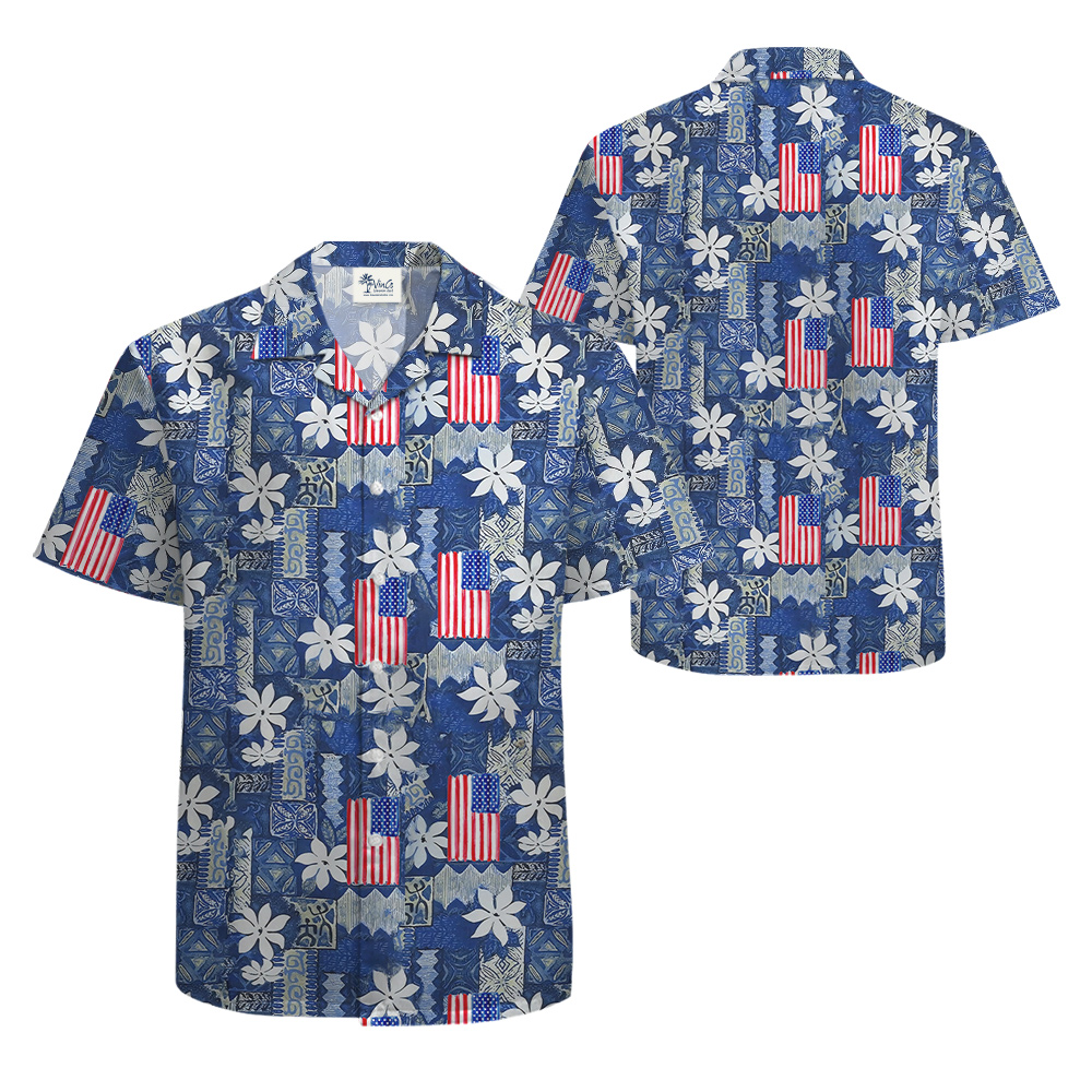 Vintage Blue Hawaiian Shirt With American Flag