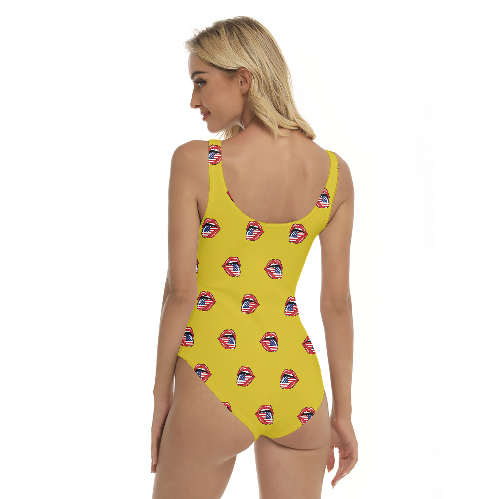 Funny American Sexy Lips 4th Of July Yellow Women Swimsuit