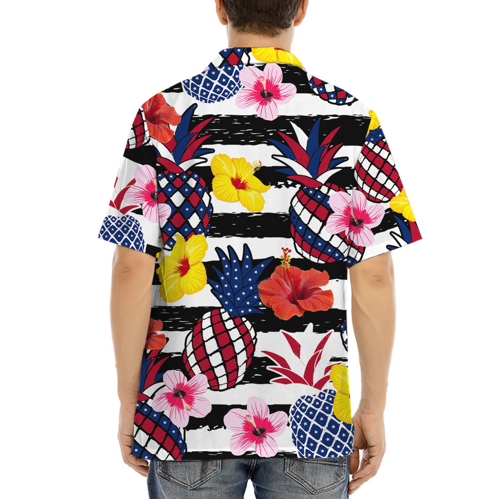 Patriotic Pineapple Hibiscus Red White Blue Patriotic Aloha Shirt