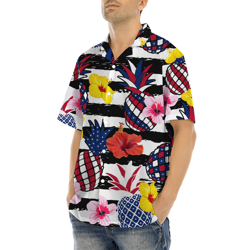 Patriotic Pineapple Hibiscus Red White Blue Patriotic Aloha Shirt