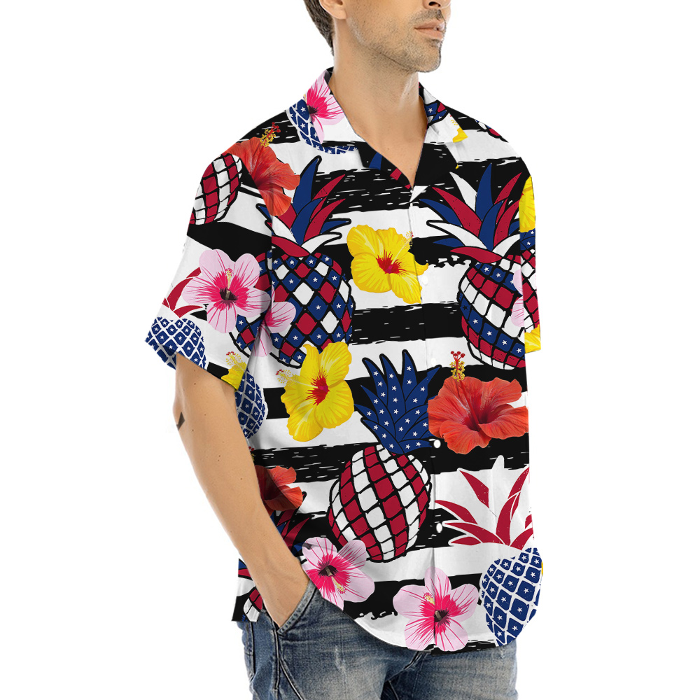 Patriotic Pineapple Hibiscus Red White Blue Patriotic Aloha Shirt