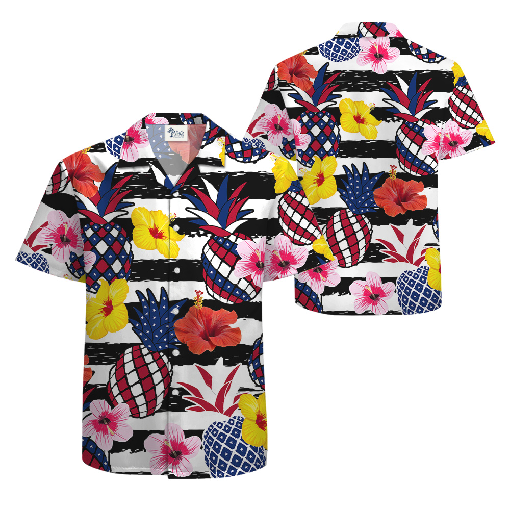 Patriotic Pineapple Hibiscus Red White Blue Patriotic Aloha Shirt