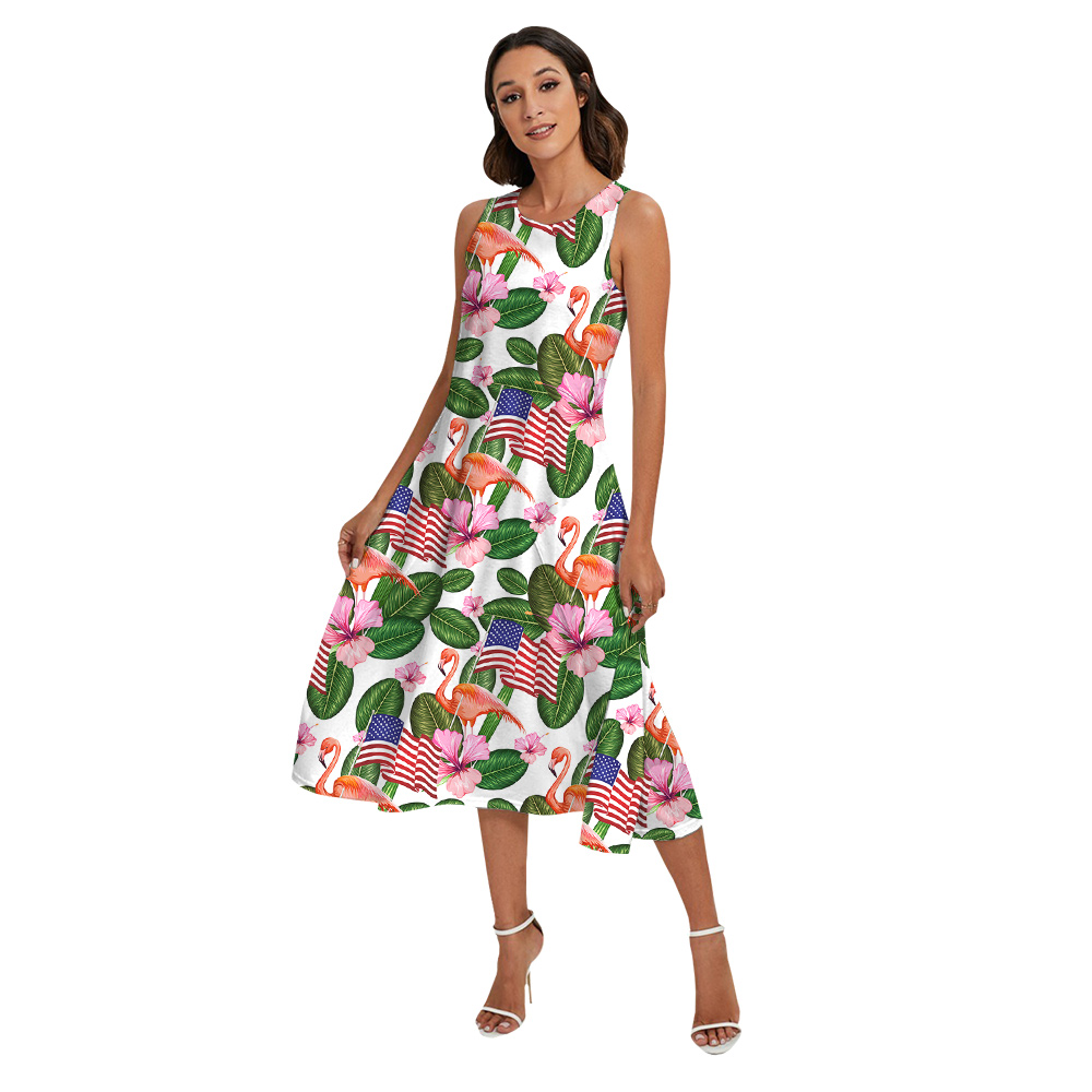 American Flag Flamingo Tropical Patriotic Matching Family Hawaiian Shirt And Dress