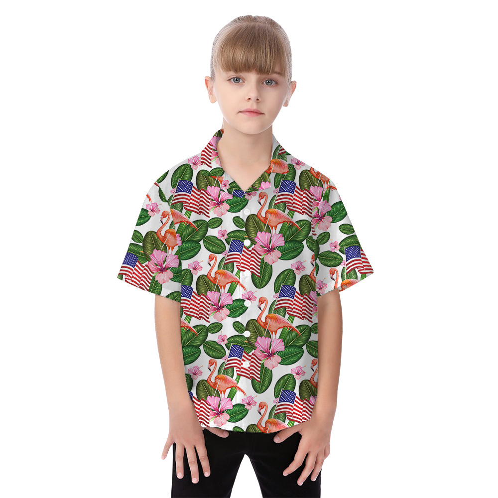 American Flag Flamingo Tropical Patriotic Matching Family Hawaiian Shirt And Dress