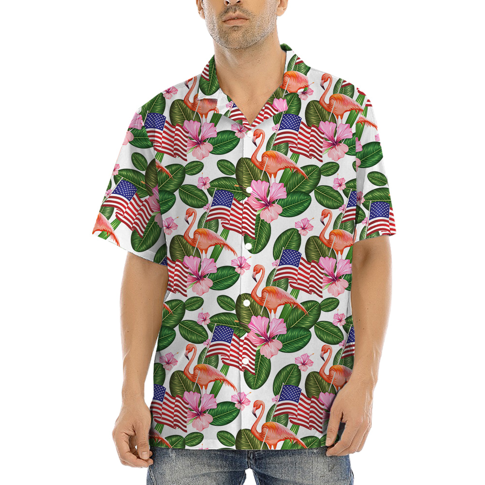 Flamingo With American Flag 4th Of July Tropical Hawaiian Shirt - variant image 1