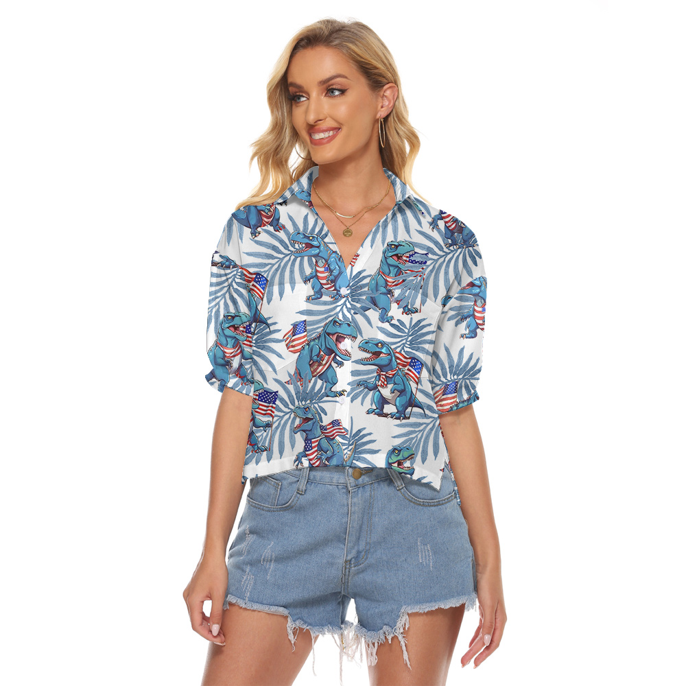 4th Of July Dinosaur Blue Tropical Women's Cropped Shirt - variant image 1