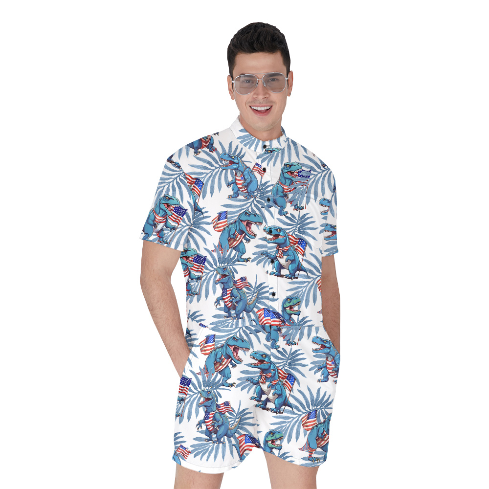 Tropical Patriotic T-Rex Blue Hawaiian Romper For Men - variant image 1