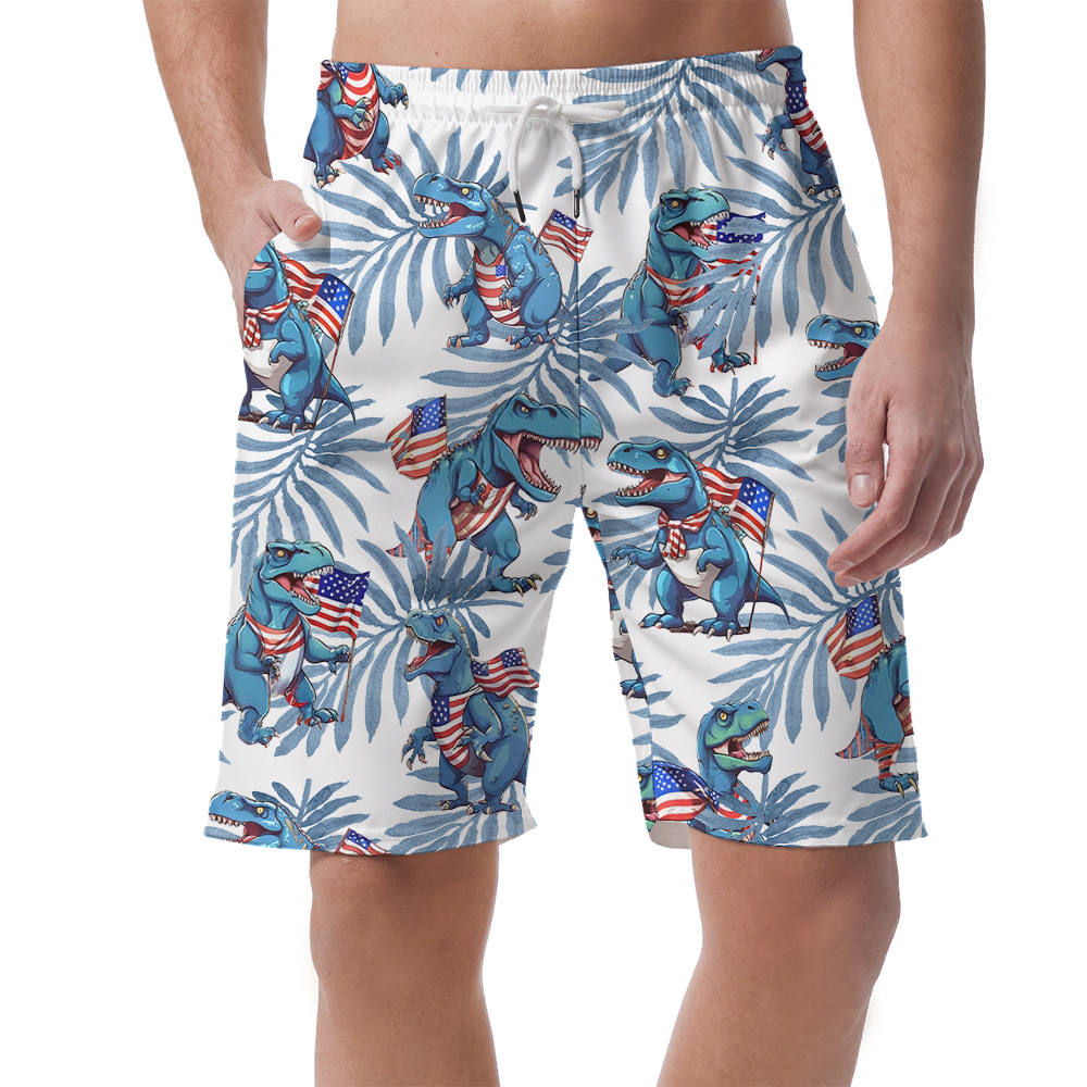 Tropical 4th Of July T-Rex Men's Hawaiian Beach Shorts - variant image 1
