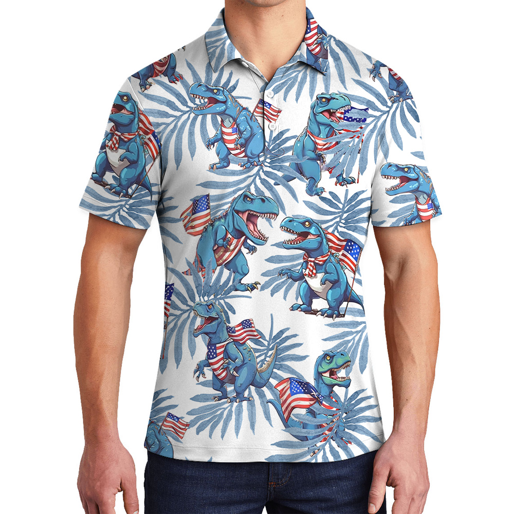 Funny Patriotic Dinosaur Blue Men's Polo Shirt - variant image 1