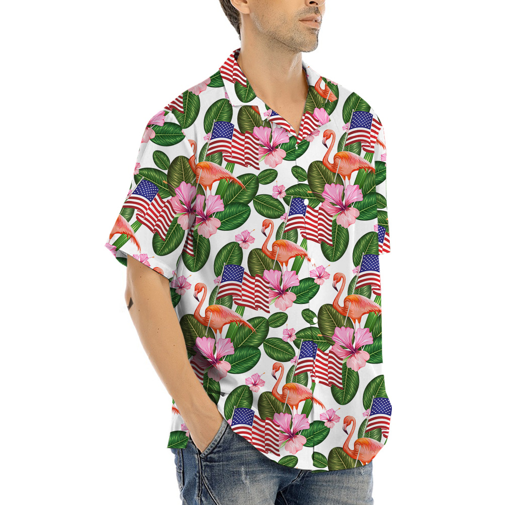 Flamingo With American Flag 4th Of July Tropical Hawaiian Shirt