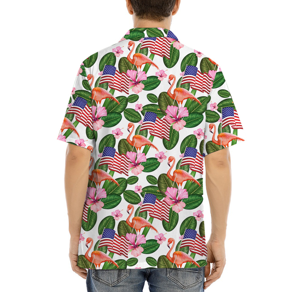Flamingo With American Flag 4th Of July Tropical Hawaiian Shirt