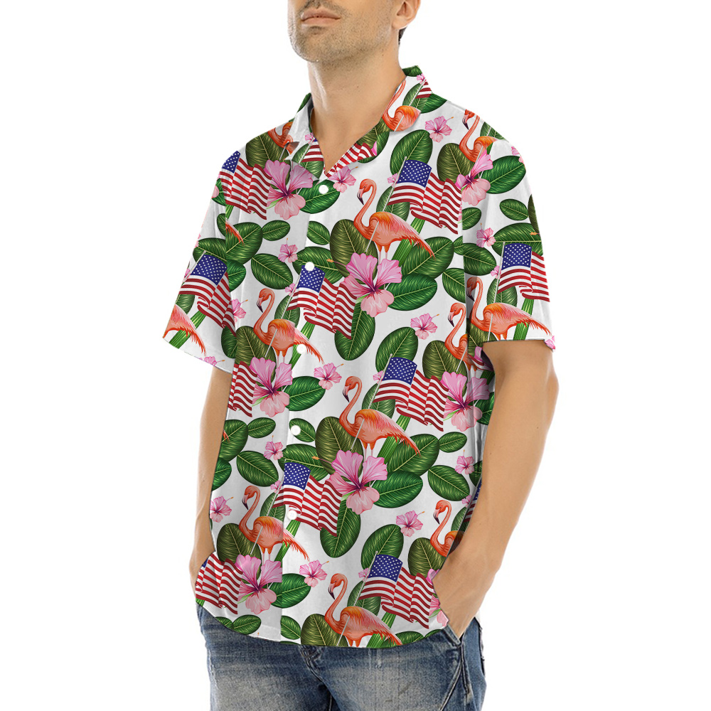 Flamingo With American Flag 4th Of July Tropical Hawaiian Shirt