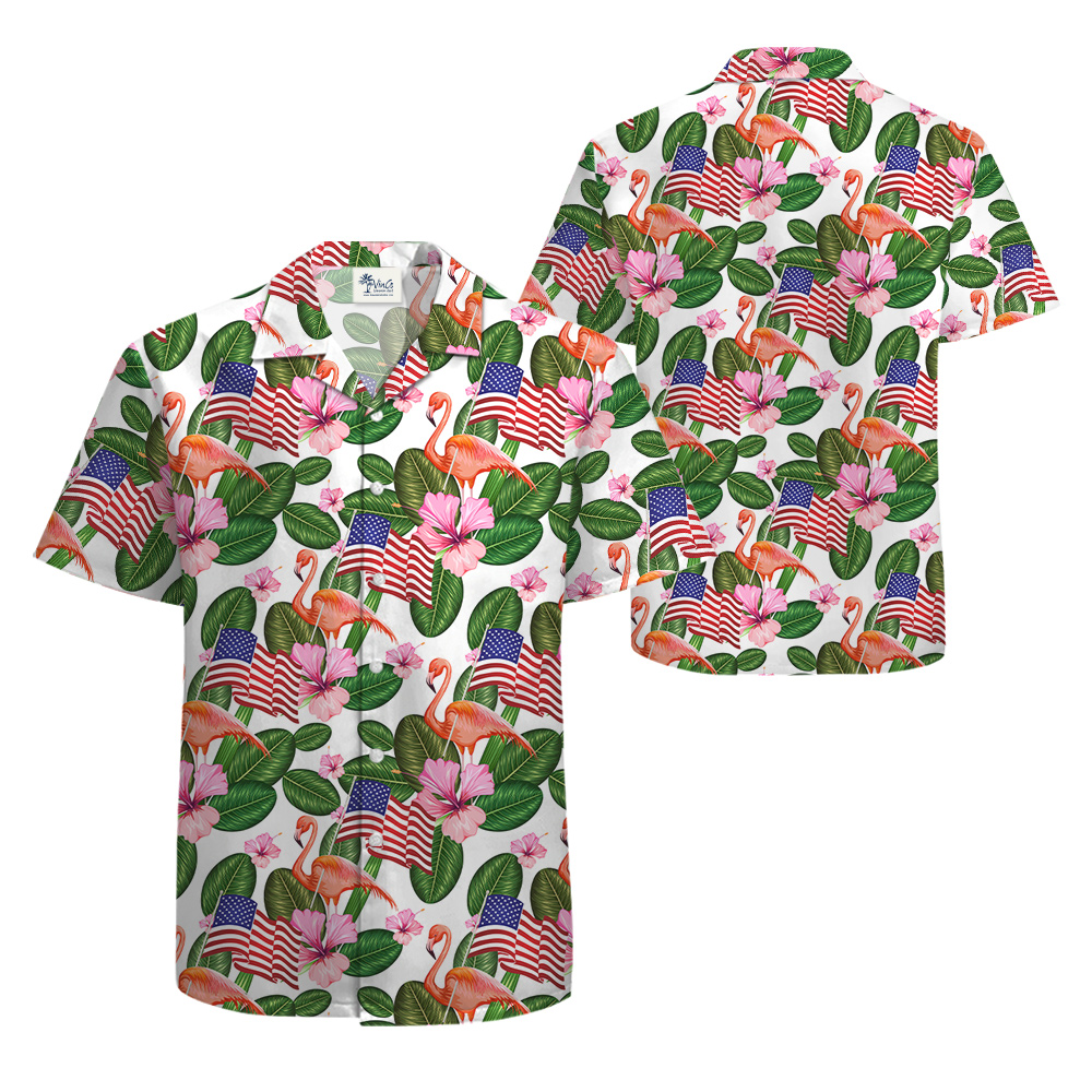 Flamingo With American Flag 4th Of July Tropical Hawaiian Shirt