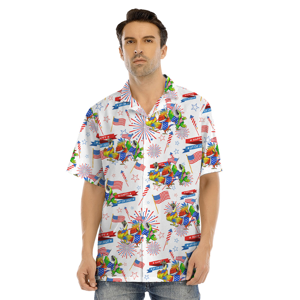 Happy Patriotic Parrot Firework Matching Hawaiian Shirt And Dress For Family