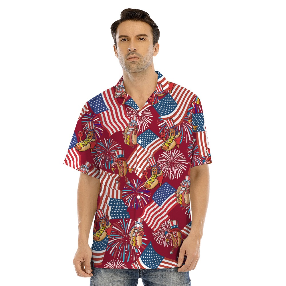 Funny Patriotic Hotdog Firework Red Matching Hawaiian Outfits For Family