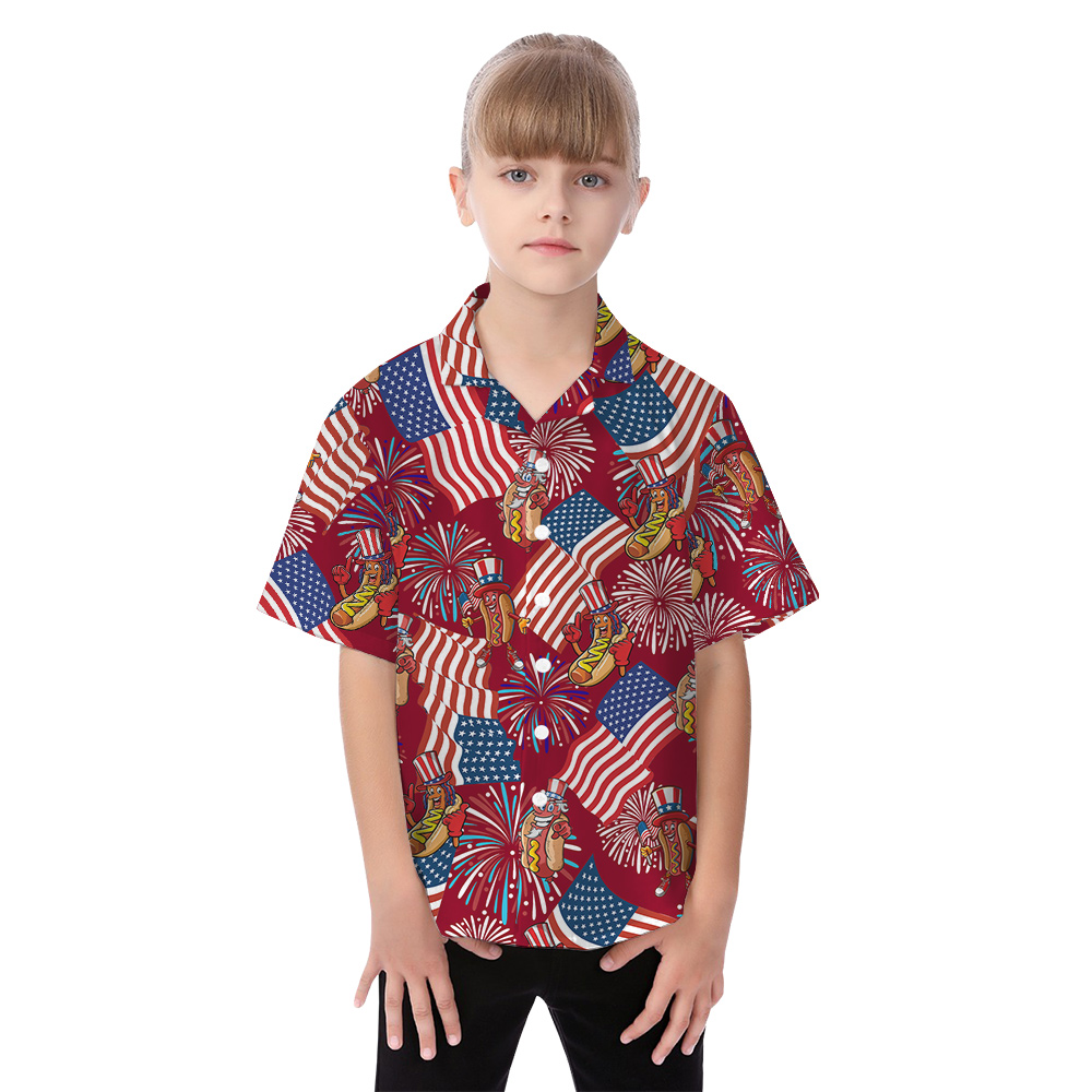 Funny Patriotic Hotdog Firework Red Matching Hawaiian Outfits For Family