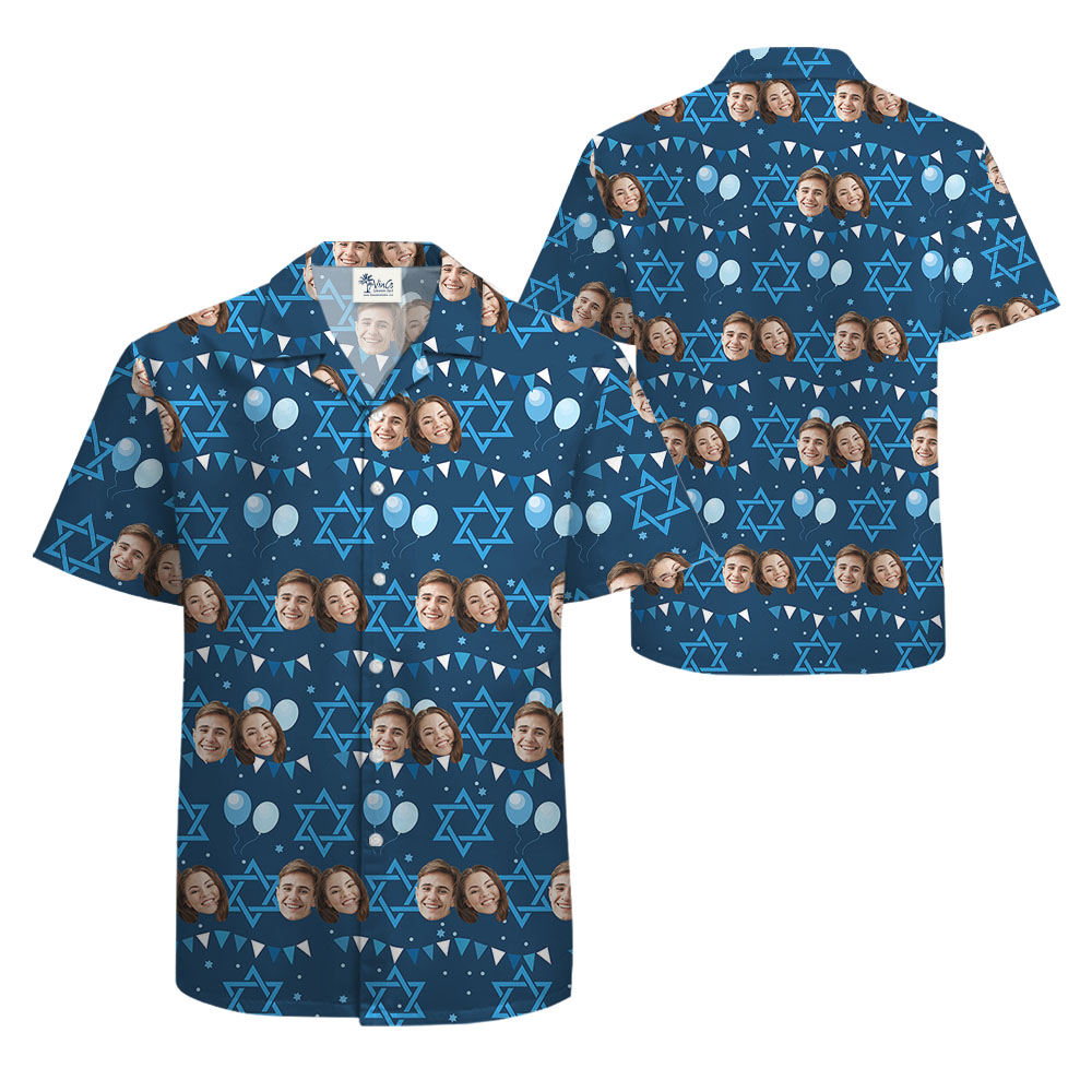 Custom Face Blue Hanukkah Hawaiian Shirt For Men