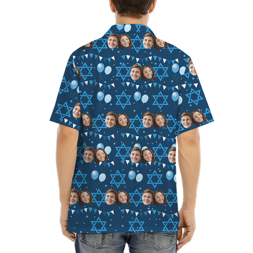 Custom Face Blue Hanukkah Hawaiian Shirt For Men