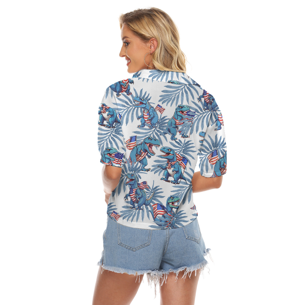4th Of July Dinosaur Blue Tropical Women's Cropped Shirt