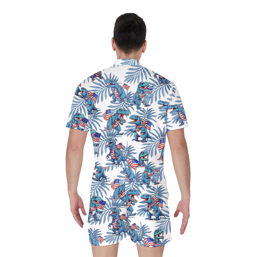 Tropical Patriotic T-Rex Blue Hawaiian Romper For Men