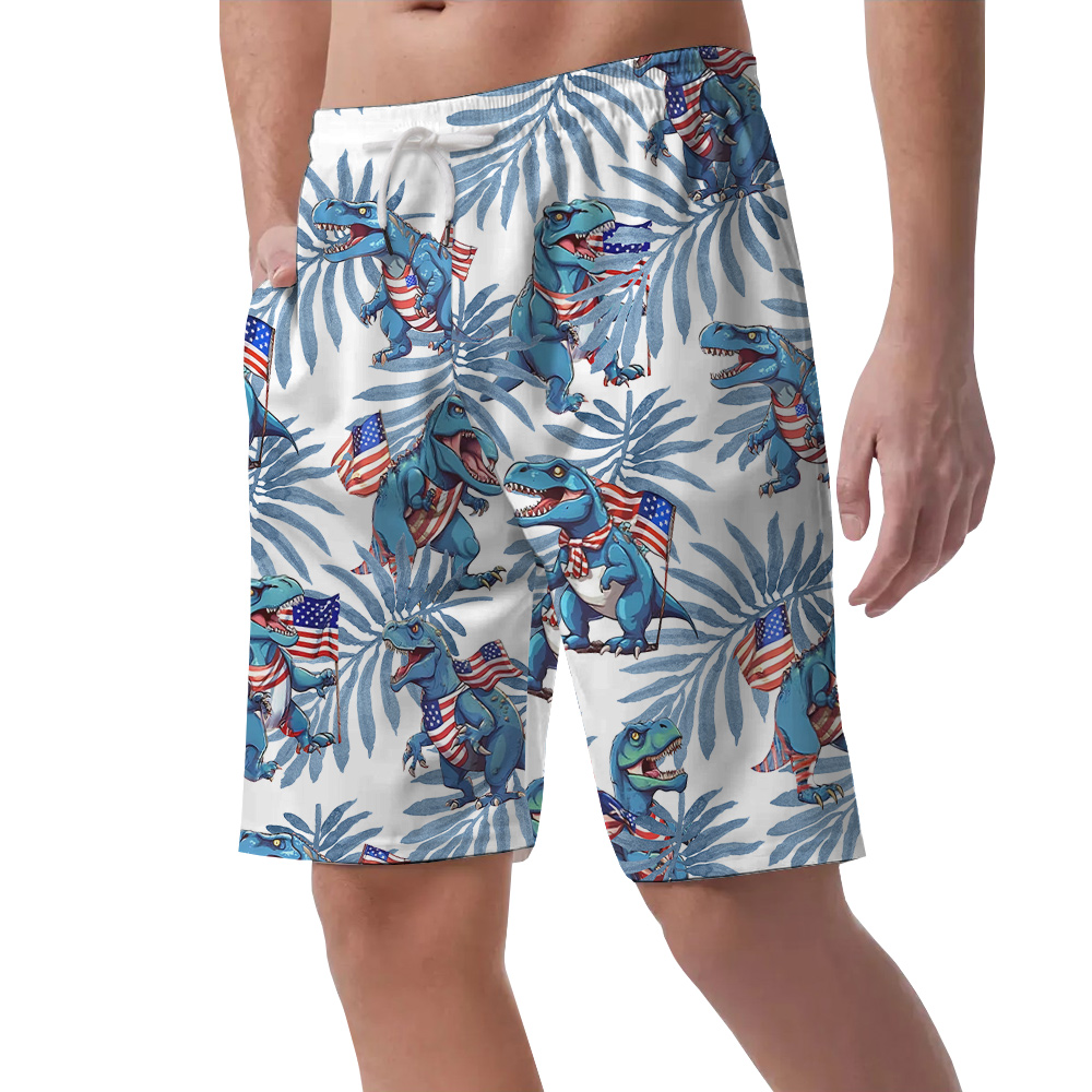 Tropical 4th Of July T-Rex Men's Hawaiian Beach Shorts