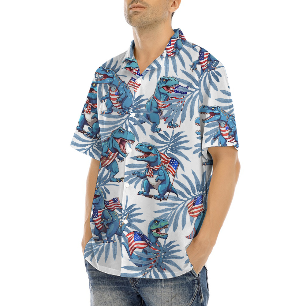 4th Of July Dinosaur Blue Tropical Luau Shirt