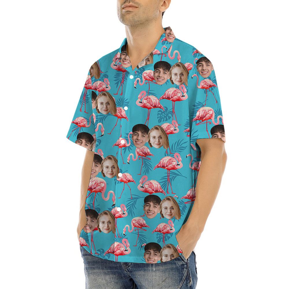 Custom Flamingo Blue Male Hawaiian Shirts With 1-5 Faces
