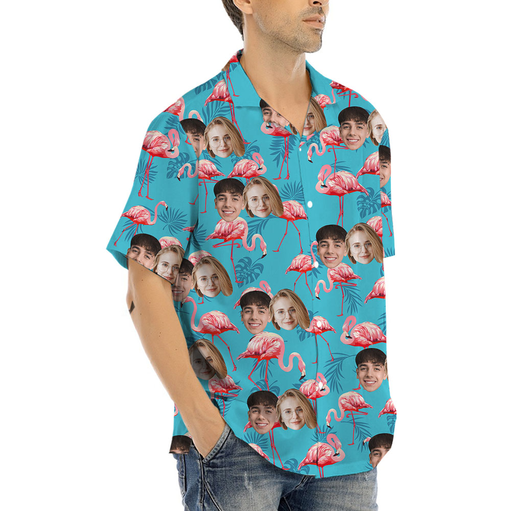 Custom Flamingo Blue Male Hawaiian Shirts With 1-5 Faces