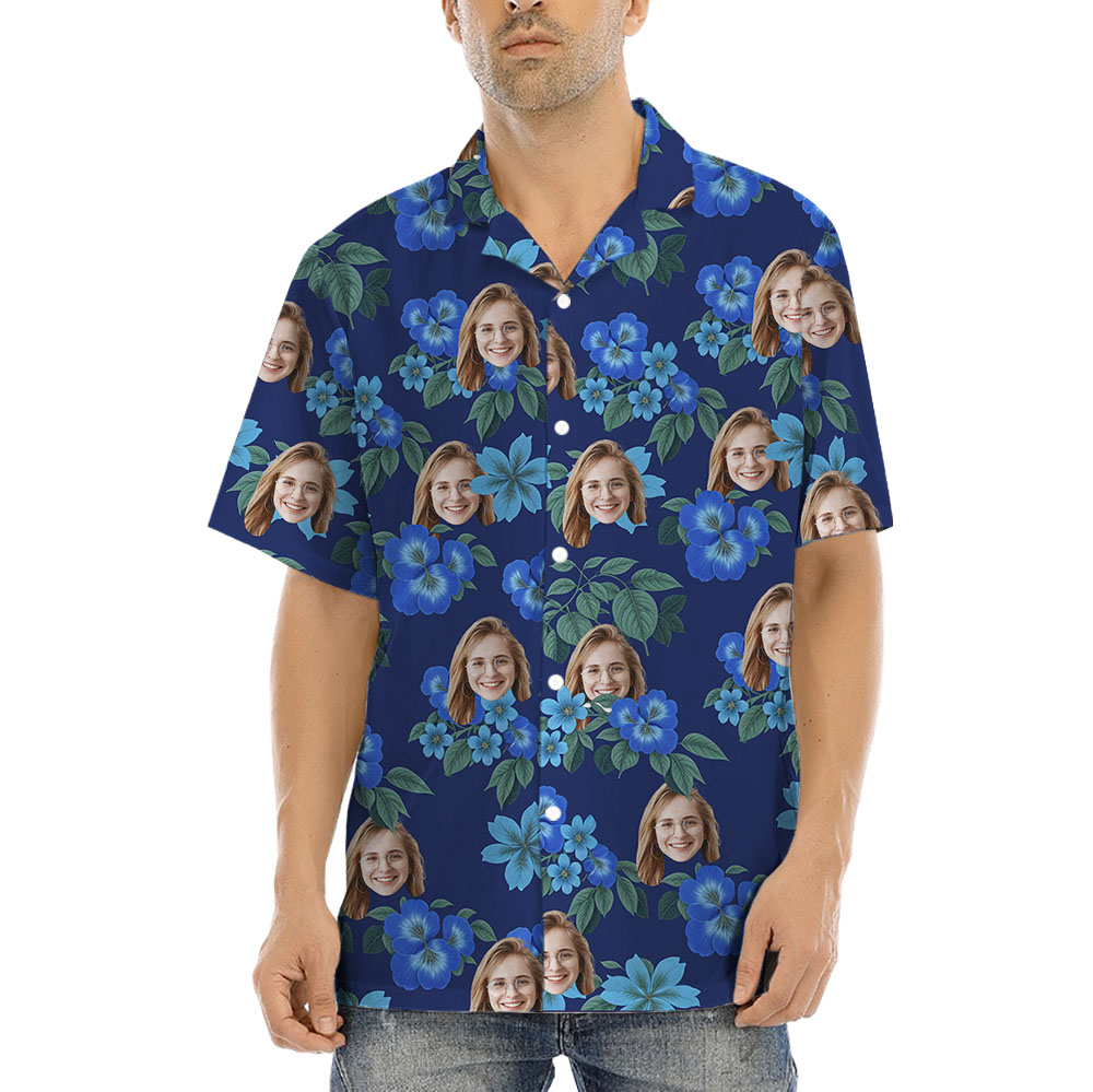 Custom Blue Floral Hawaiian Button Shirts With 1-5 Faces - variant image 1