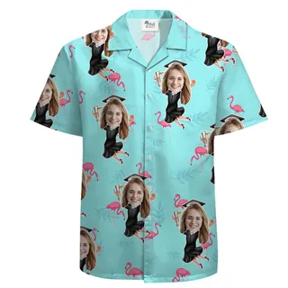 Graduation Tropical Flamingo Cotton Hawaiian Shirt With Girl’s Faces