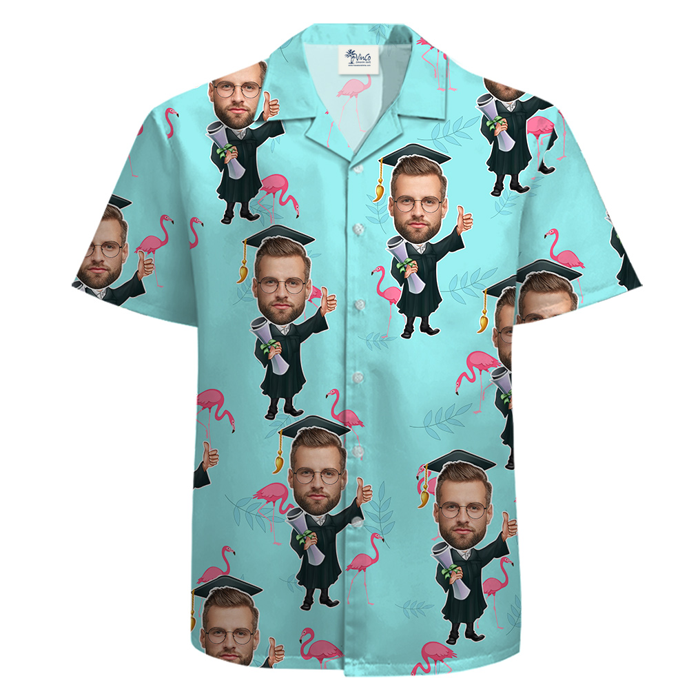 Graduation Tropical Flamingo Cotton Hawaiian Shirt With Men’s Faces - variant image 1