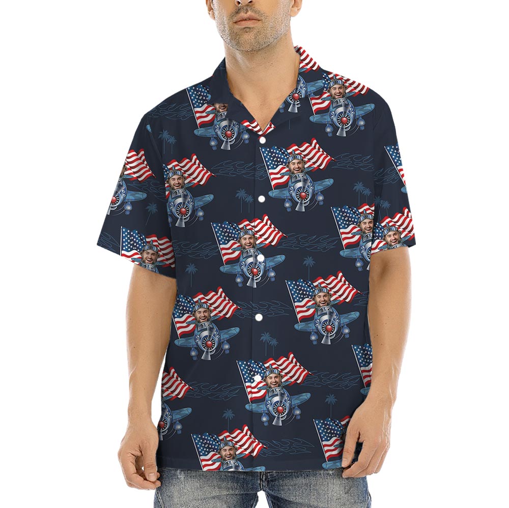 Custom Face Airplanes USA Flag Men's Button Up Shirt - variant image 1