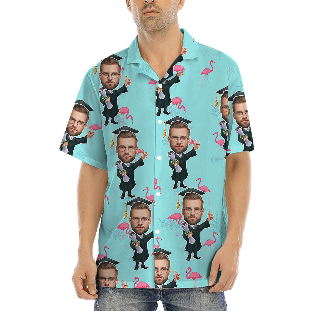 Blue Flamingo Graduation Button Up Shirt With Men's Face - variant image 1