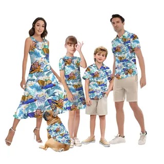 American Flag Aircraft Tropical 4th Of July Matching Hawaiian Outfits For Family