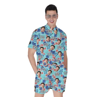 Custom 1-5 Faces Blue Tropical Romper For Men