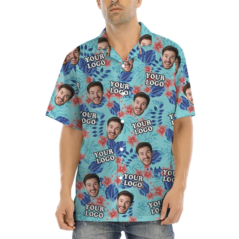 Blue Custom Face And Logo Company Hawaiian Shirt - variant image 1