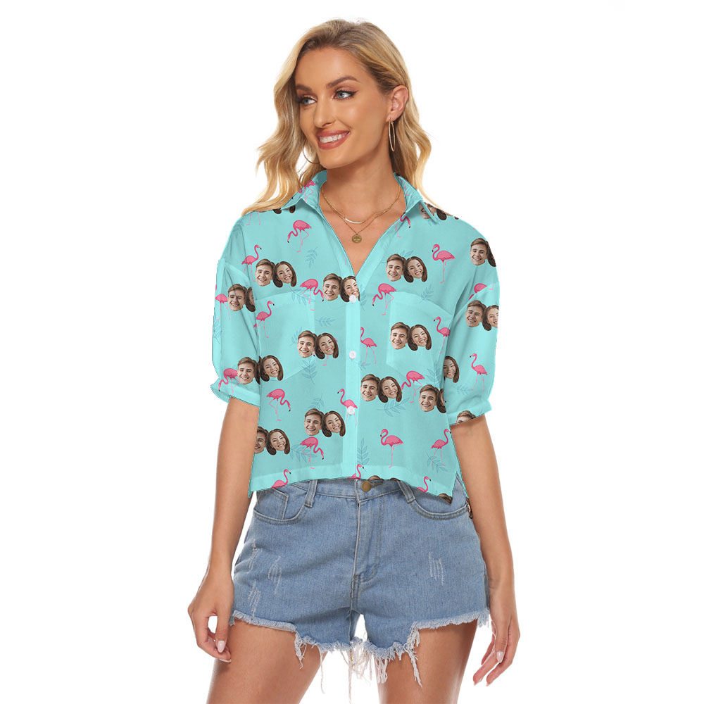 Custom Face Women's Crop Top With Flamingo Print - variant image 1