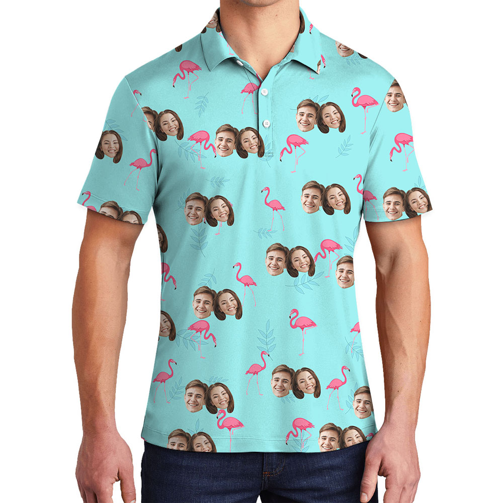 Custom Couple Face Flamingo Collared Shirt Blue - variant image 1