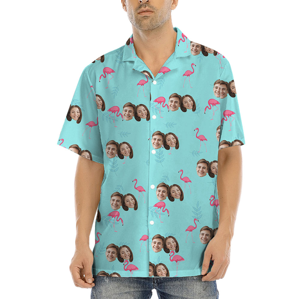 Personalized 1-5 Faces Blue Flamingo Hawaiian Shirt - variant image 1