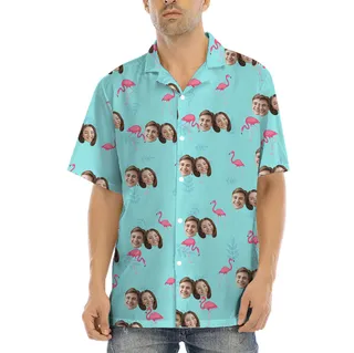 Personalized 1-5 Faces Blue Flamingo Hawaiian Shirt