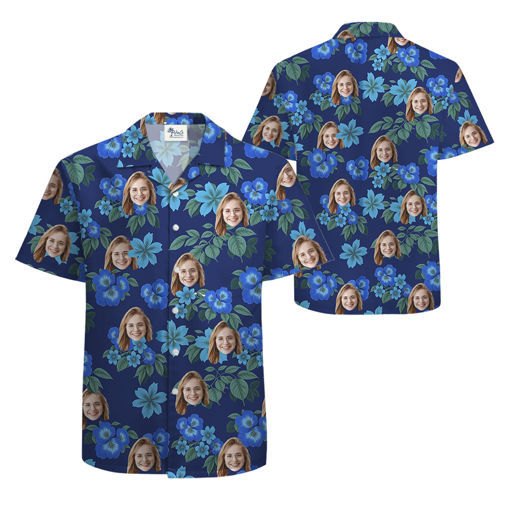 Custom Blue Floral Hawaiian Button Shirts With 1-5 Faces