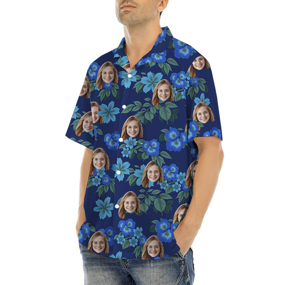 Custom Blue Floral Hawaiian Button Shirts With 1-5 Faces