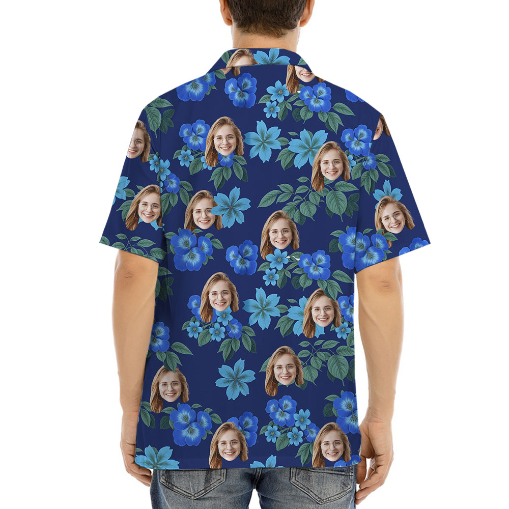 Custom Blue Floral Hawaiian Button Shirts With 1-5 Faces